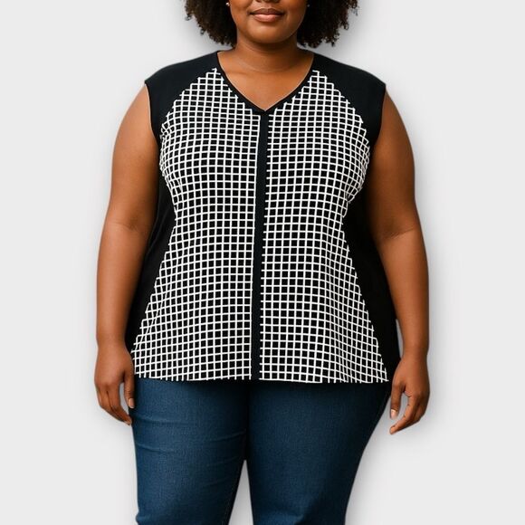 Liz Claiborne Black and White Checked Print knit blouse size 2x - Picture 1 of 5